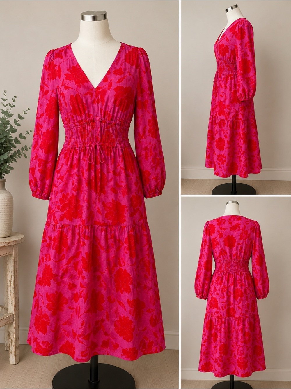 Kate Spade NY Floral Smocked Midi Dress Pink Red XXS Cottagecore
